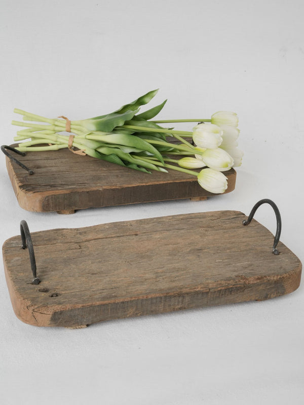 2 rustic cutting boards w/ iron handles - 1930s - 14¼" x 9½"