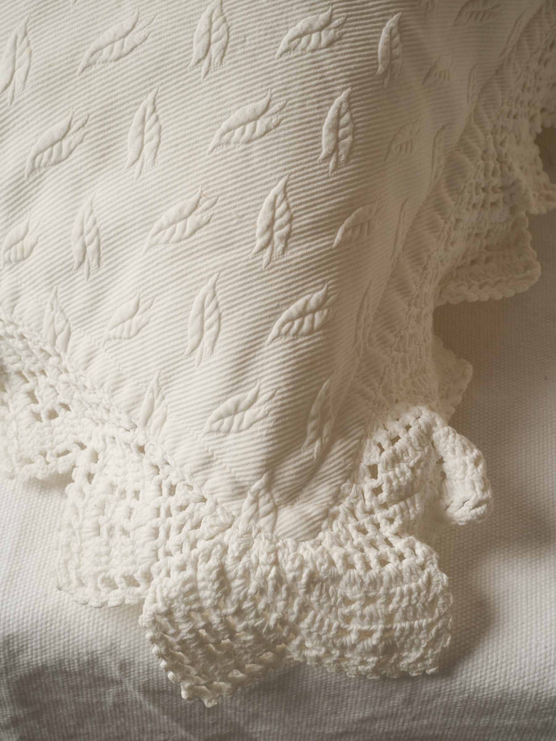 Large Square French Pillowcase w/ White Embroidery & Crochet Lace Border 23¾"