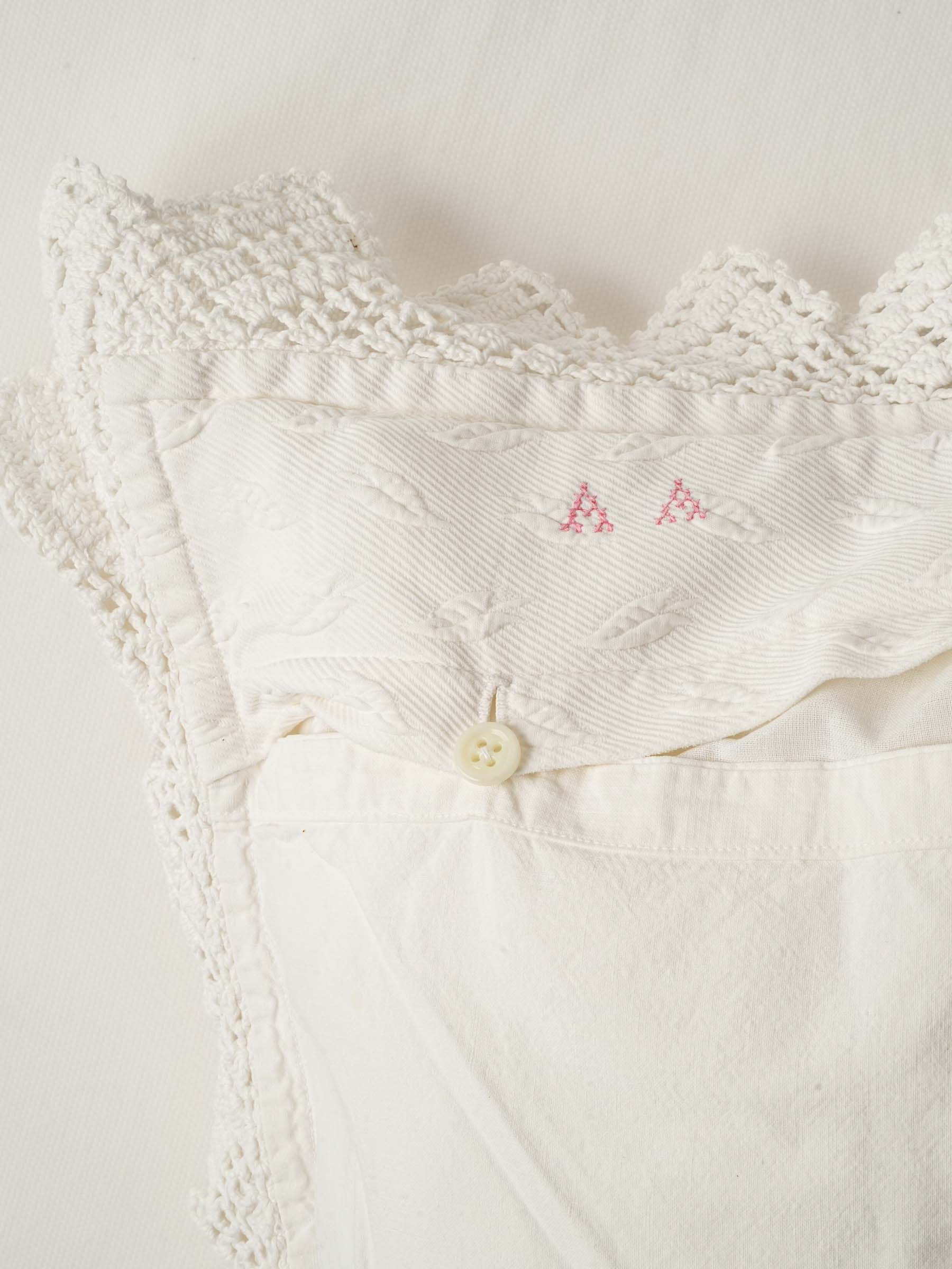 Large Square French Pillowcase w/ White Embroidery & Crochet Lace Border 23¾"