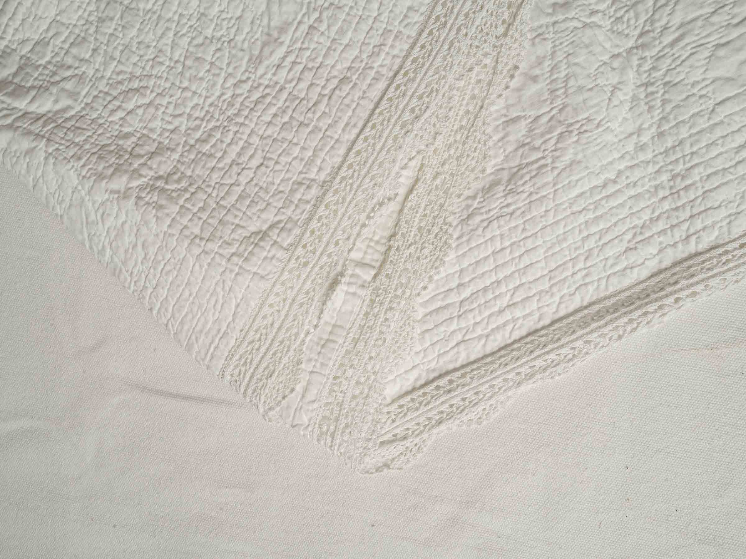 Vintage French White Cotton Single Bedspread with Crochet Border - 52" x 63"
