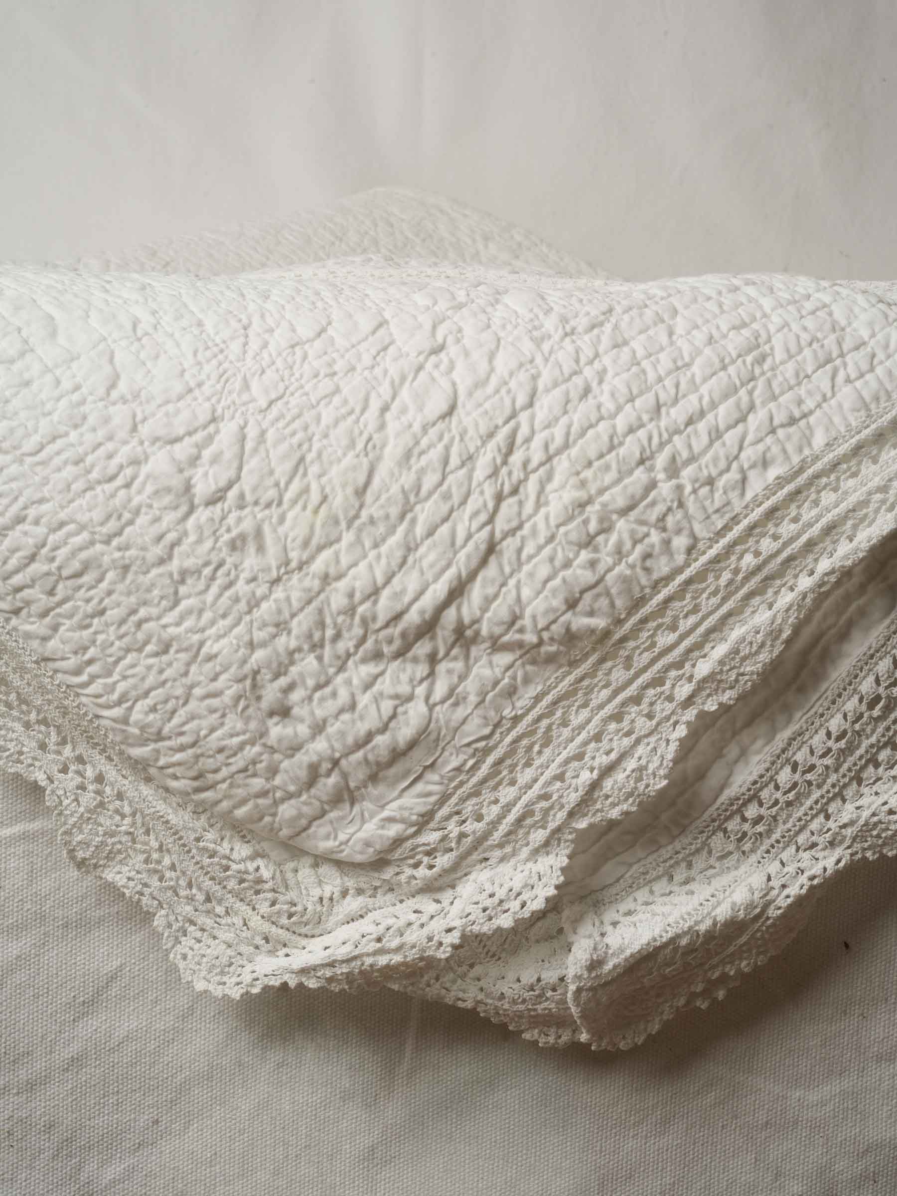 Vintage French White Cotton Single Bedspread with Crochet Border - 52" x 63"