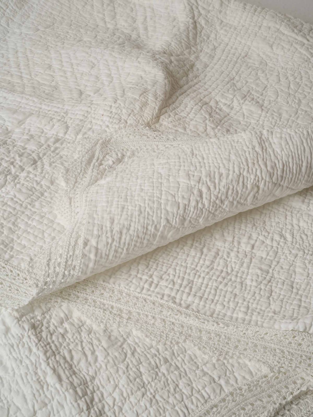 Vintage French White Cotton Single Bedspread with Crochet Border - 52" x 63"