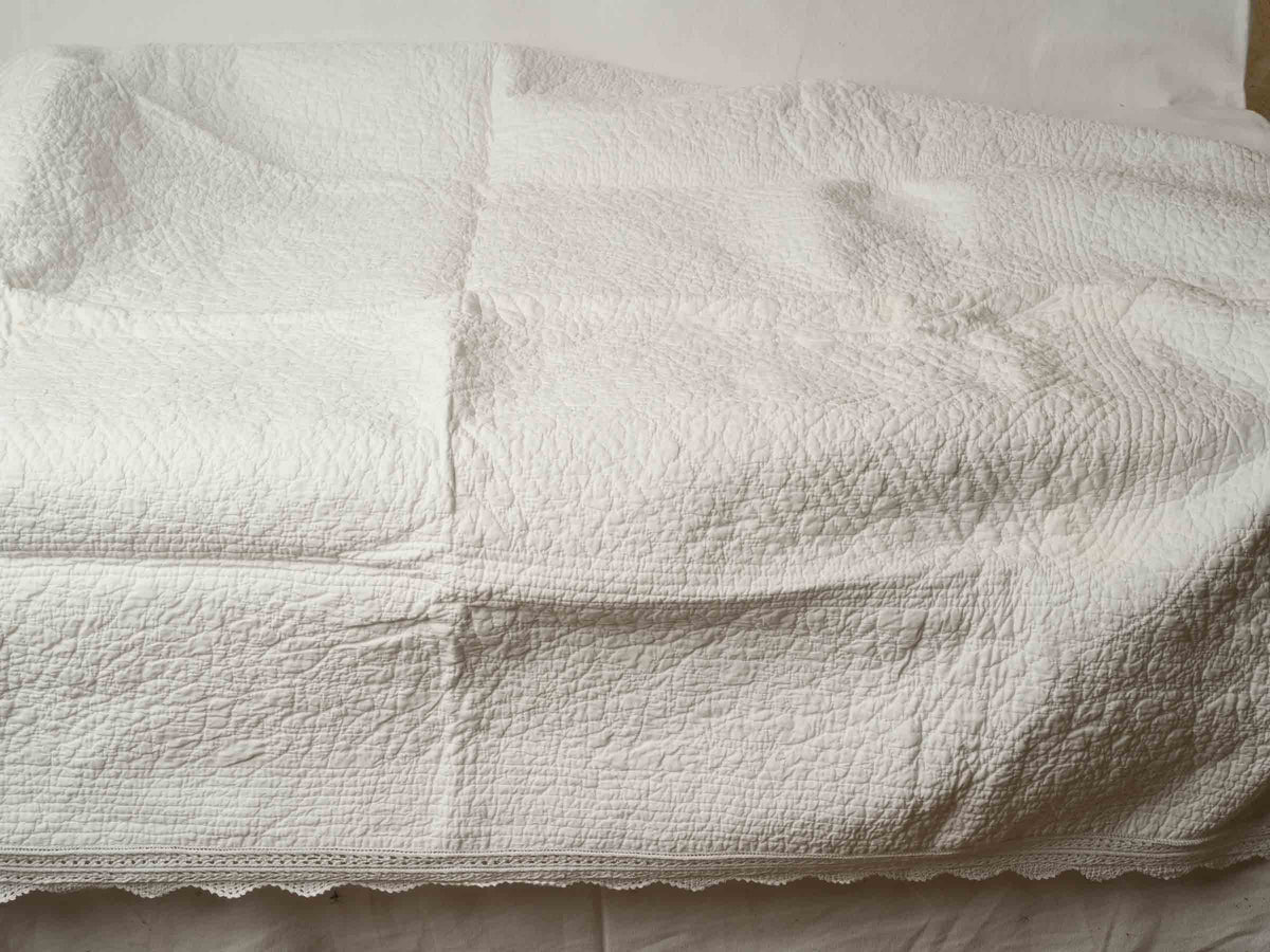 Vintage French White Cotton Single Bedspread with Crochet Border - 52" x 63"