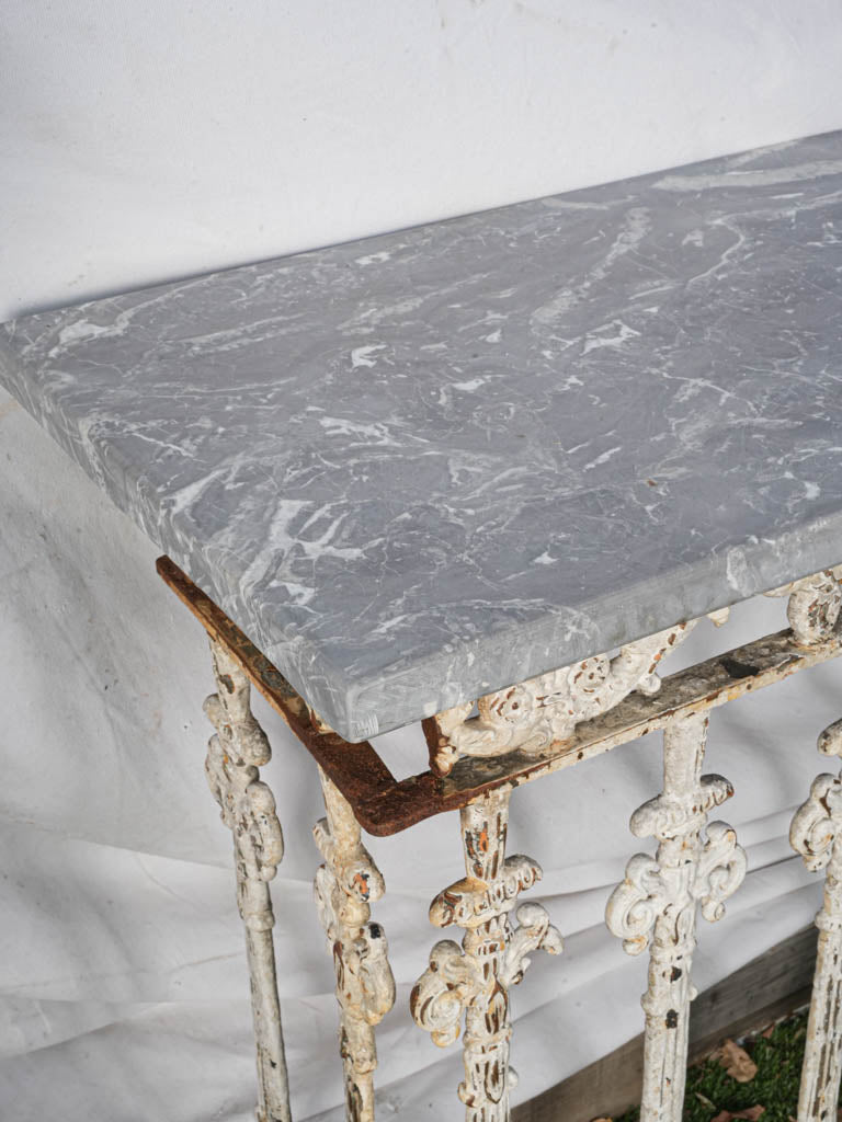 Sculptural Console Assembled from 1900s Cast-Iron Balcony Elements with Marble Top - 61"