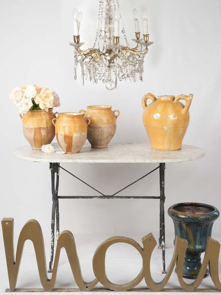 Antique French oval garden table w/ marble 47¾"