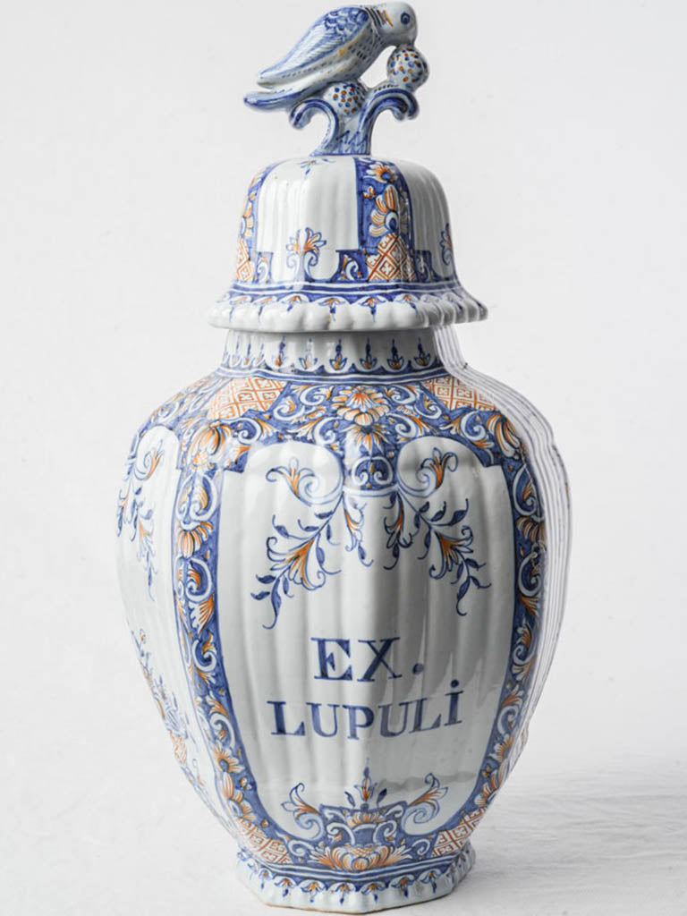 Mid-20th Century Delft-Inspired Ceramic Apothecary Jar w/ Parrot Finial - 15"