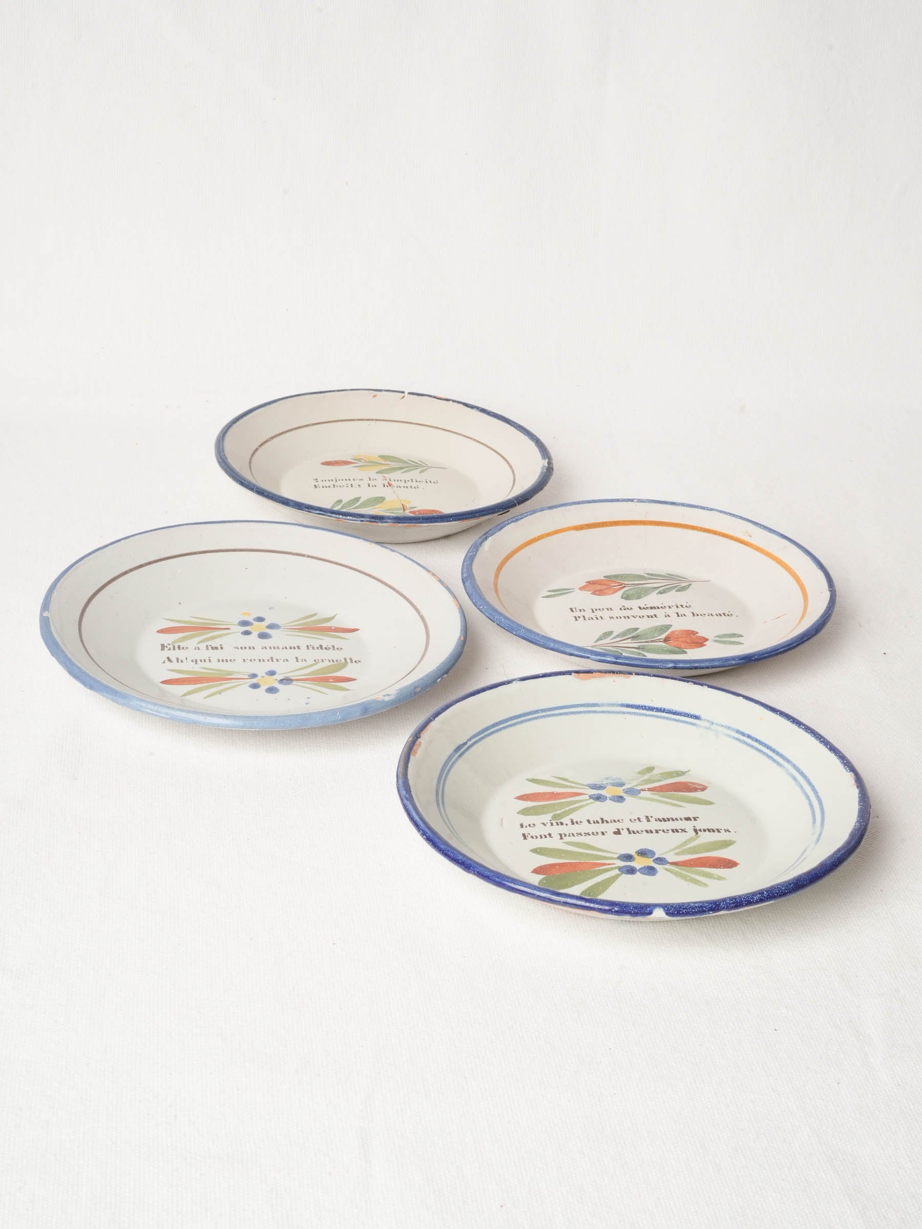 Set of 4 Antique French Hand-Painted Ceramic Dessert Plates 7½"