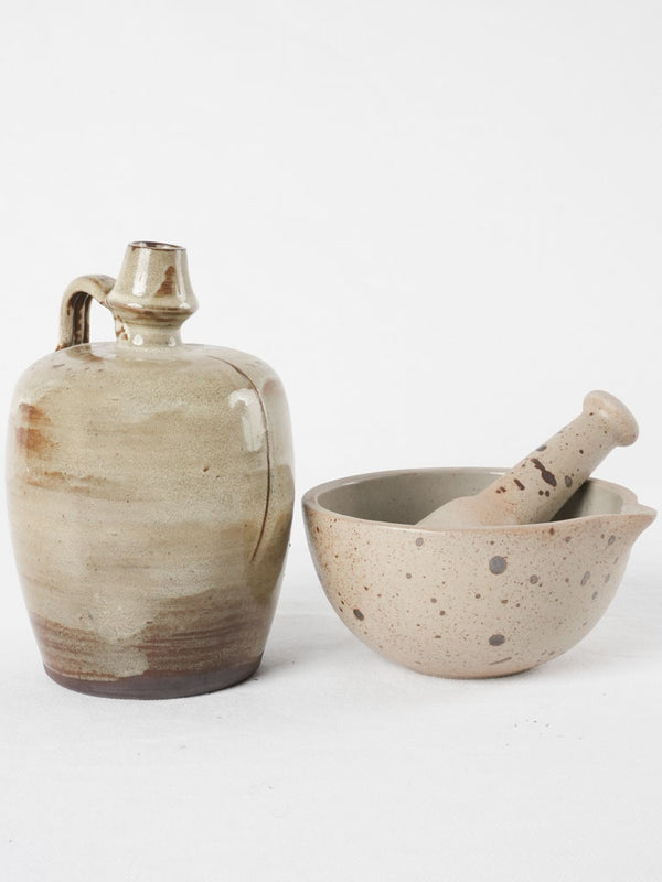Vintage earthenware mortar & pestle & little pitcher 6¾"