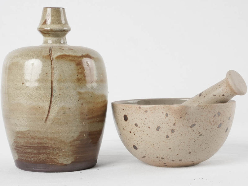 Vintage earthenware mortar & pestle & little pitcher 6¾"
