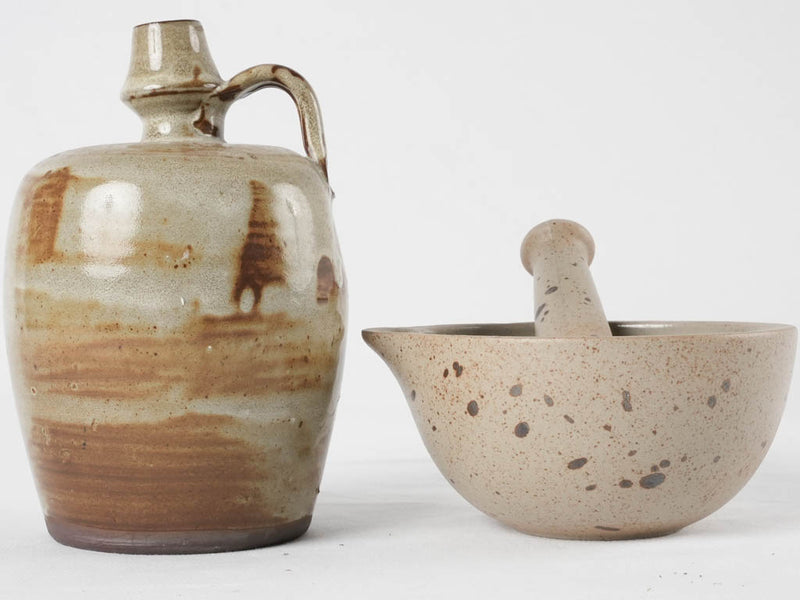Vintage earthenware mortar & pestle & little pitcher 6¾"