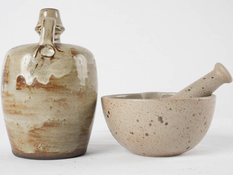 Vintage earthenware mortar & pestle & little pitcher 6¾"