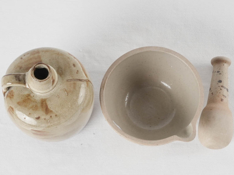 Vintage earthenware mortar & pestle & little pitcher 6¾"