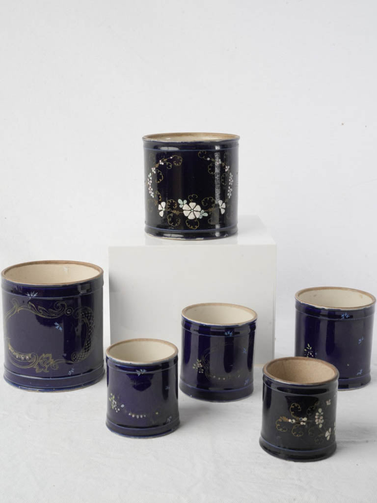 Charming Set of Six Antique Small Ceramic Pots in Midnight Blue - 5"