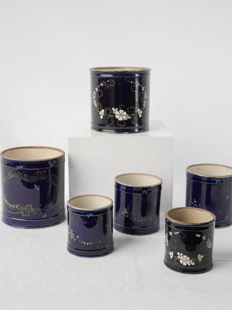 Charming Set of Six Antique Small Ceramic Pots in Midnight Blue - 5"