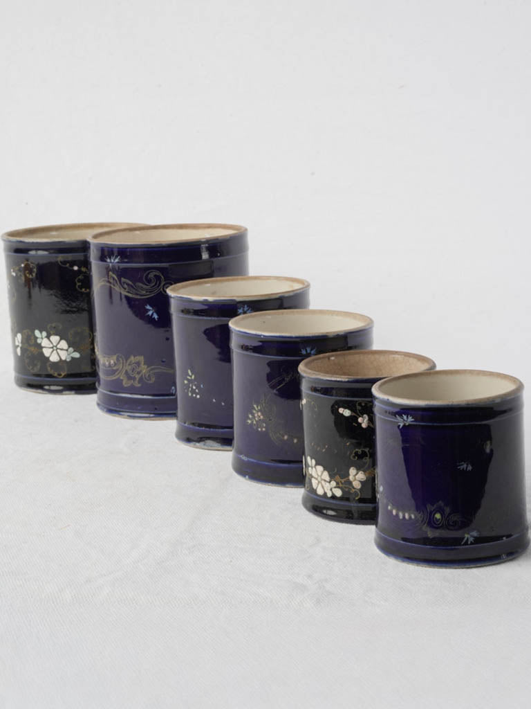 Charming Set of Six Antique Small Ceramic Pots in Midnight Blue - 5"