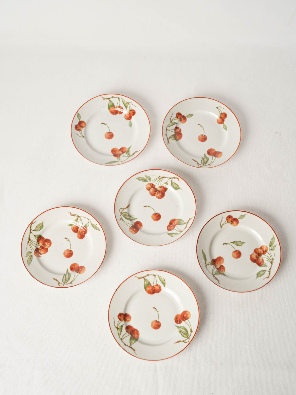 Set of Six Limoges Porcelain Plates Hand-Painted with Cherries - 6¼"
