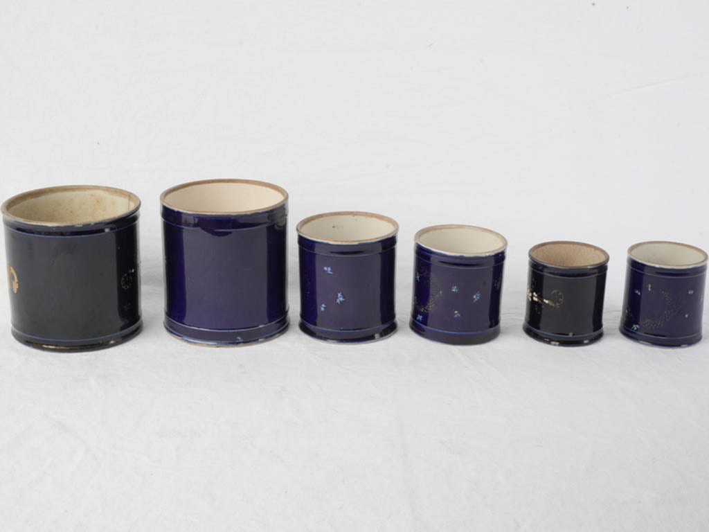 Charming Set of Six Antique Small Ceramic Pots in Midnight Blue - 5"