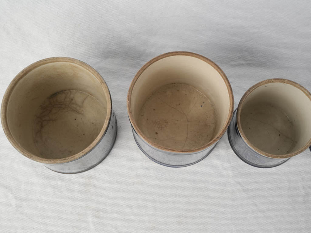 Charming Set of Six Antique Small Ceramic Pots in Midnight Blue - 5"