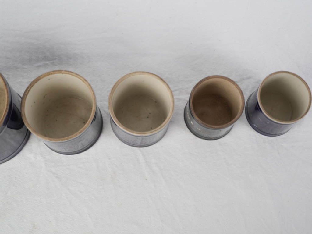 Charming Set of Six Antique Small Ceramic Pots in Midnight Blue - 5"