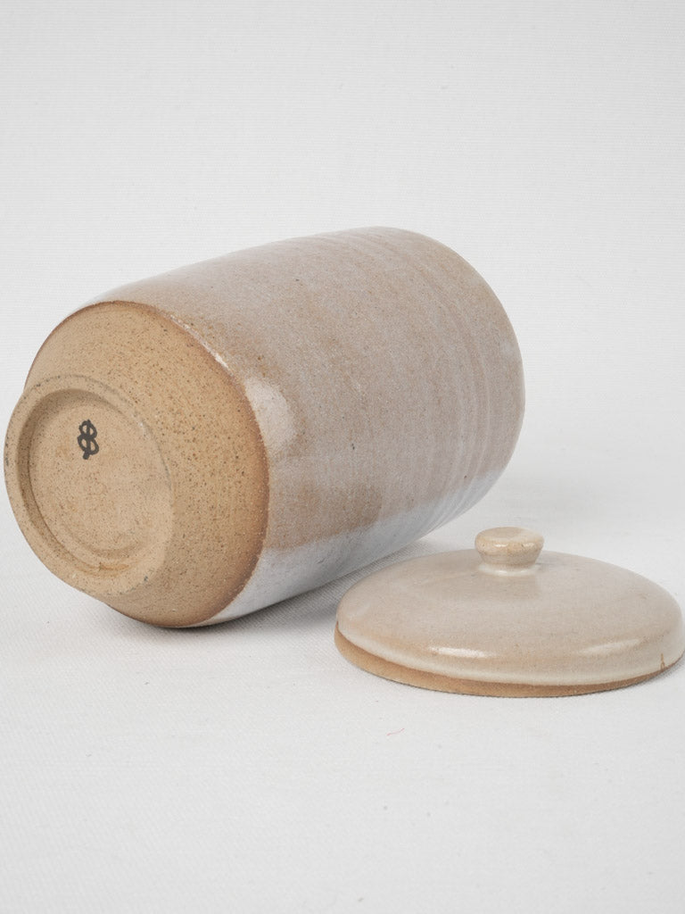 Taupe glazed geometric sandstone lidded pot