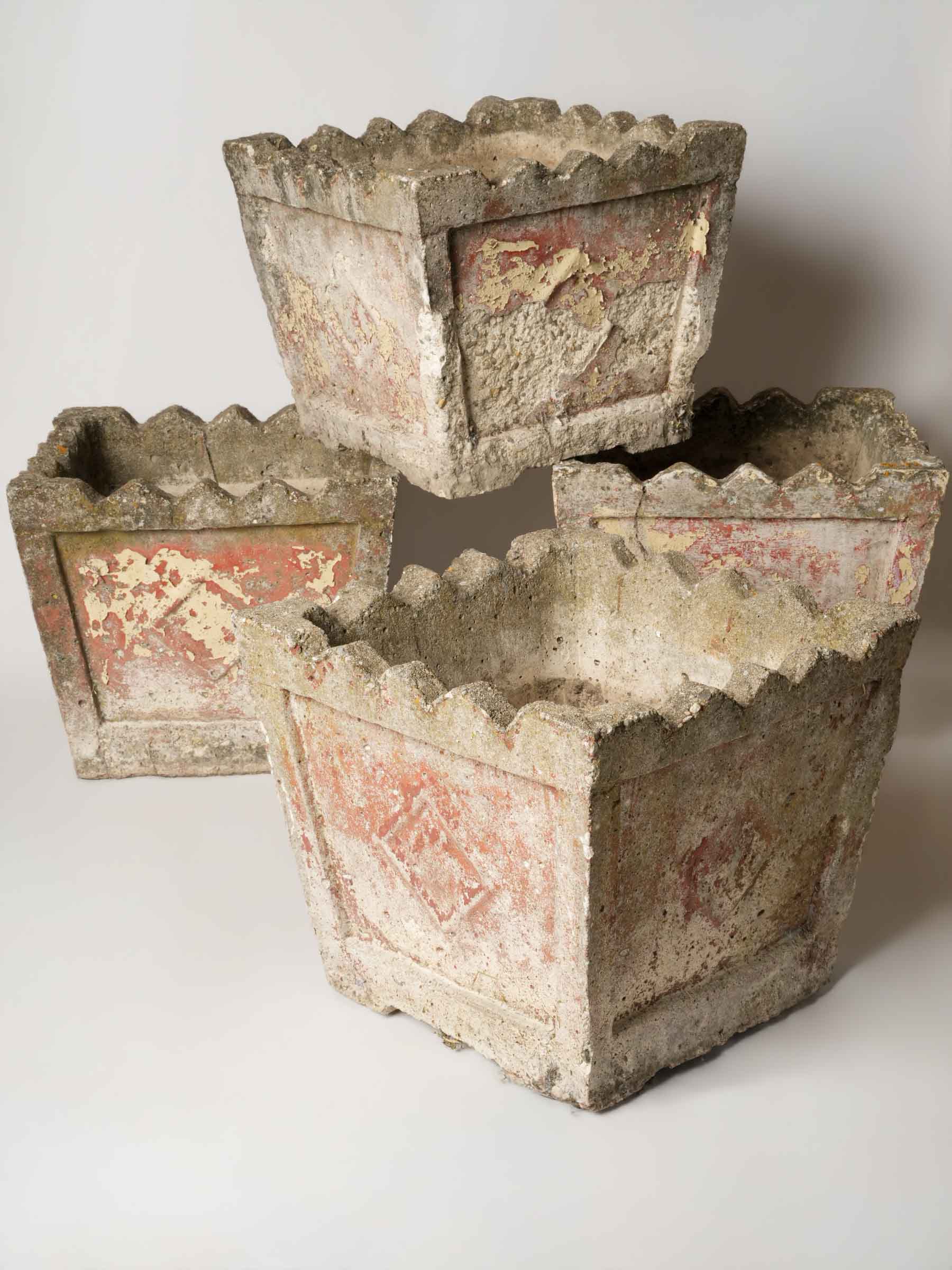 Set of 4 vintage square planters w/ pink patina 14½"