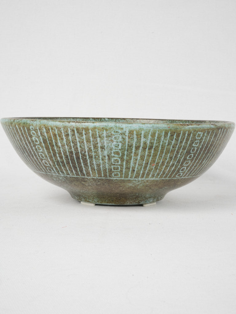 Artisanal green-blue glazed ceramic fruit bowl