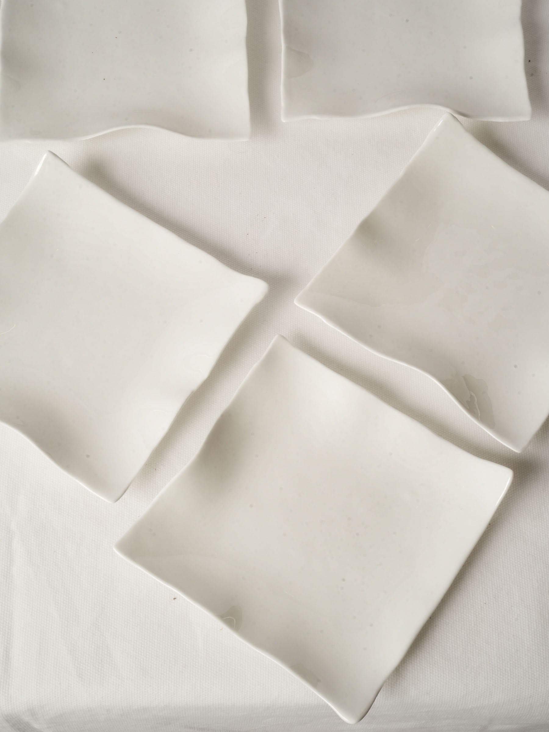 10 Handmade White Ceramic Square Plates w/ Undulating Edges 7"