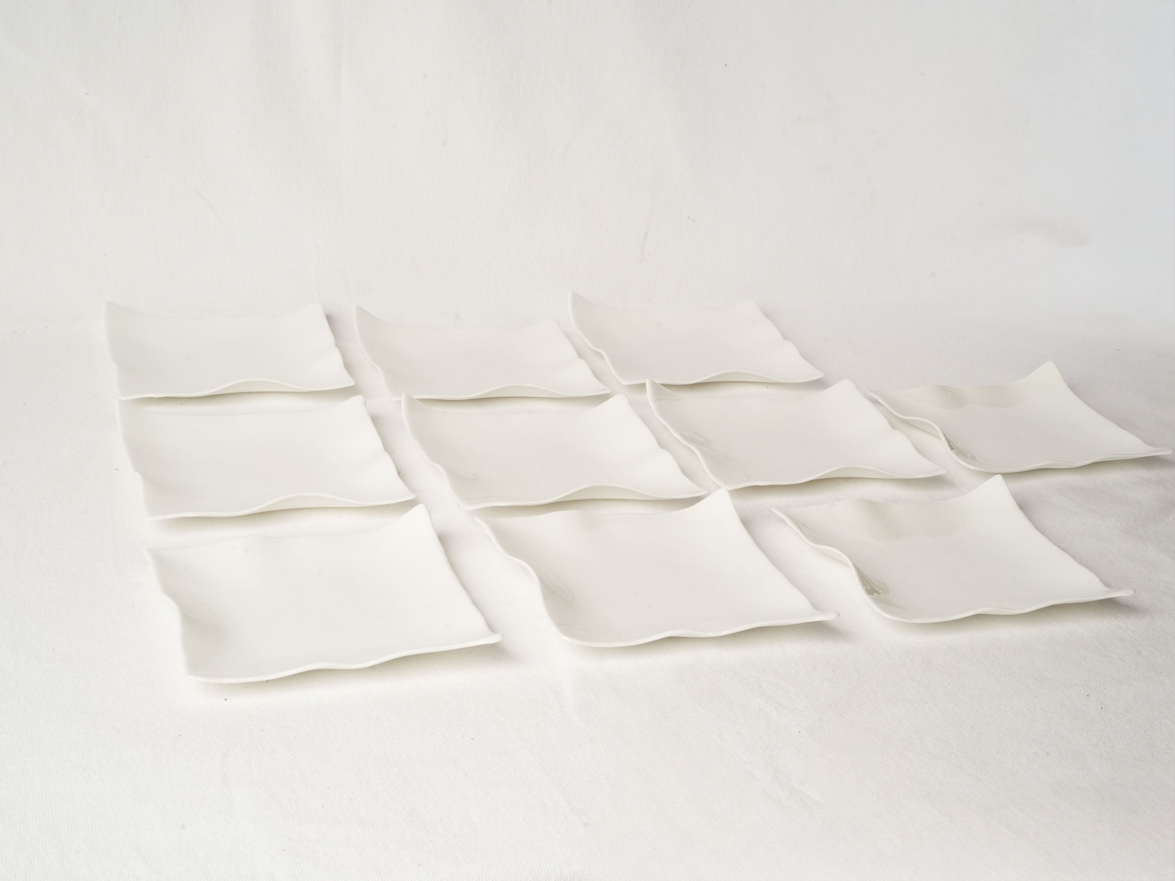 10 Handmade White Ceramic Square Plates w/ Undulating Edges 7"
