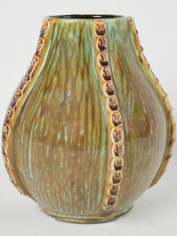 Vintage green, brown, blue-glazed ceramic vase