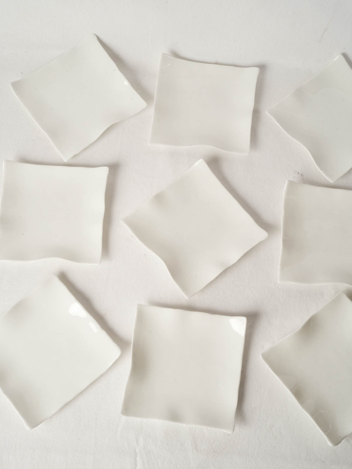 10 Handmade White Ceramic Square Plates w/ Undulating Edges 7"