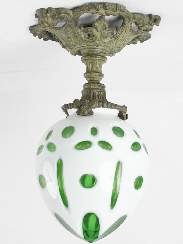 19th Century Napoleon III flush mount light fixture - white & green - 13"