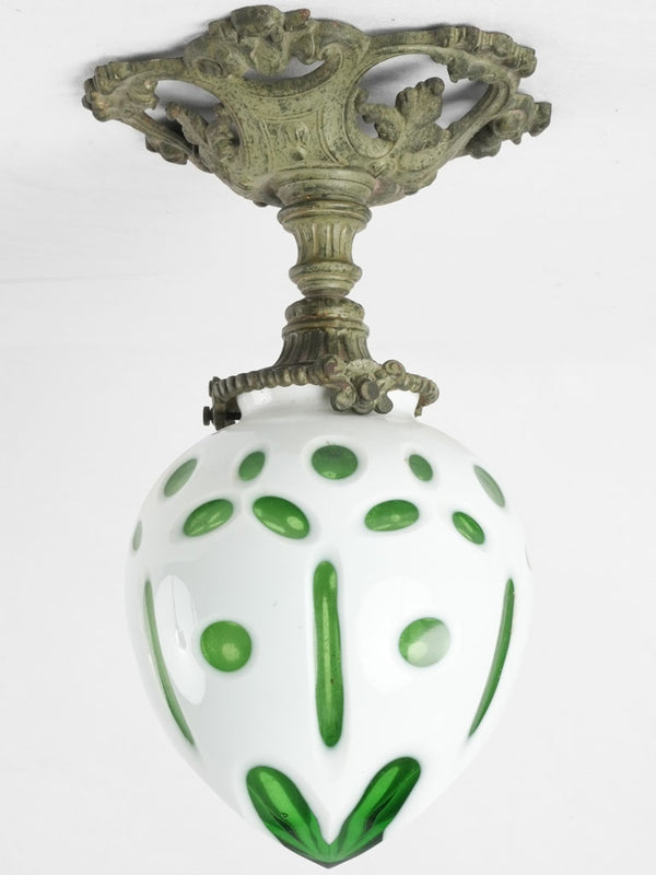 19th Century Napoleon III flush mount light fixture - white & green - 13"