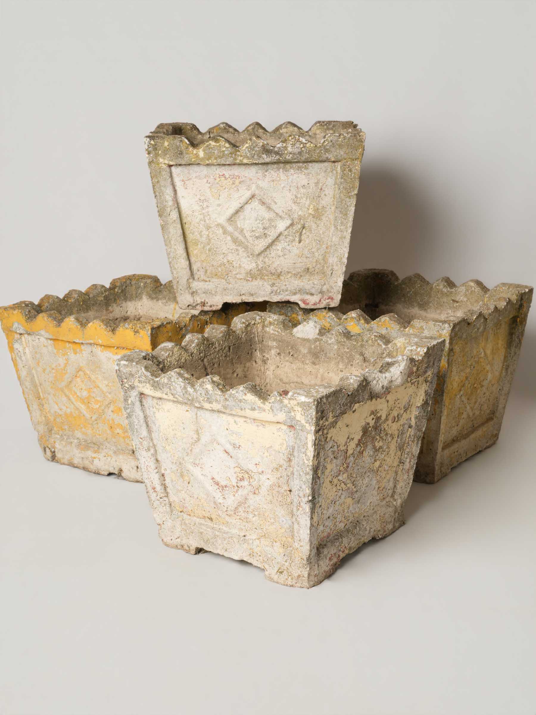 Set of 4 pretty vintage square planters w/ yellow patina 14½"