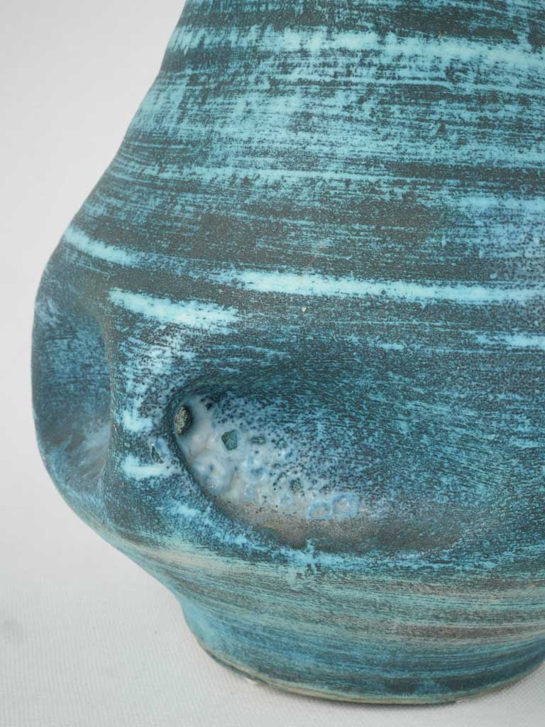 Provençal style mid-century pottery vase | Large blue-glazed pinched ceramic vase - Accolay, France circa 1950, 13¾