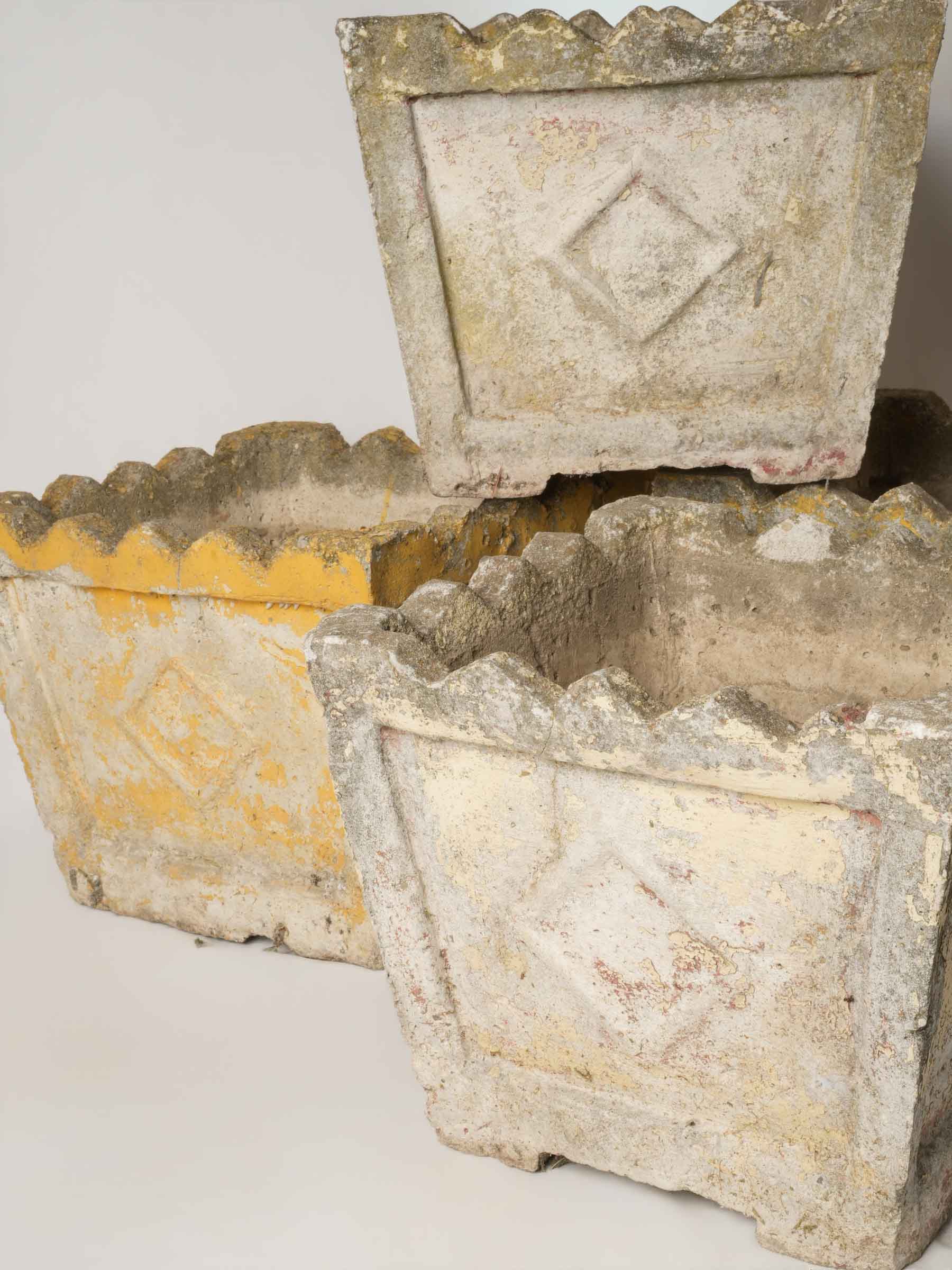Set of 4 pretty vintage square planters w/ yellow patina 14½"