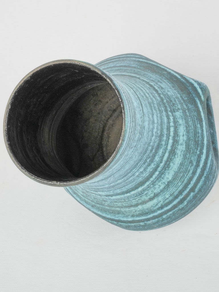 Matte blue striped ceramic vase | Large blue-glazed pinched ceramic vase - Accolay, France circa 1950, 13¾