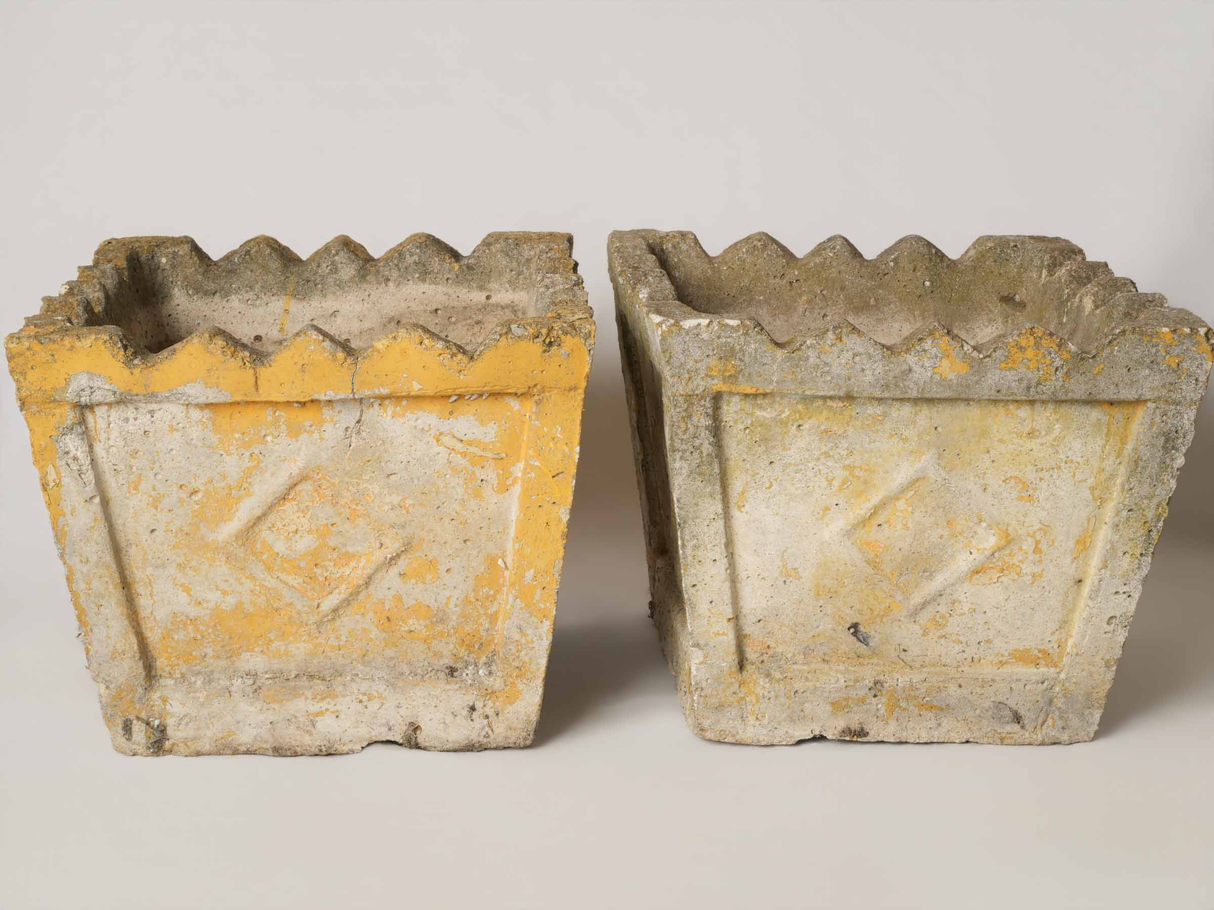 Set of 4 pretty vintage square planters w/ yellow patina 14½"