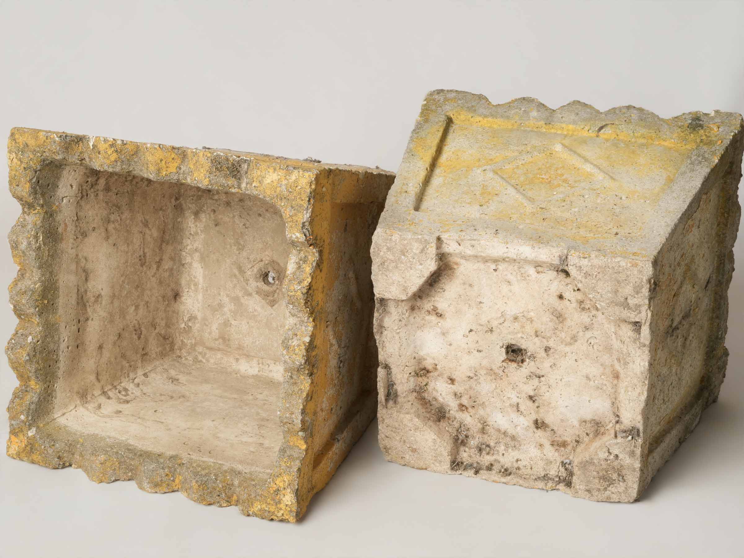 Set of 4 pretty vintage square planters w/ yellow patina 14½"
