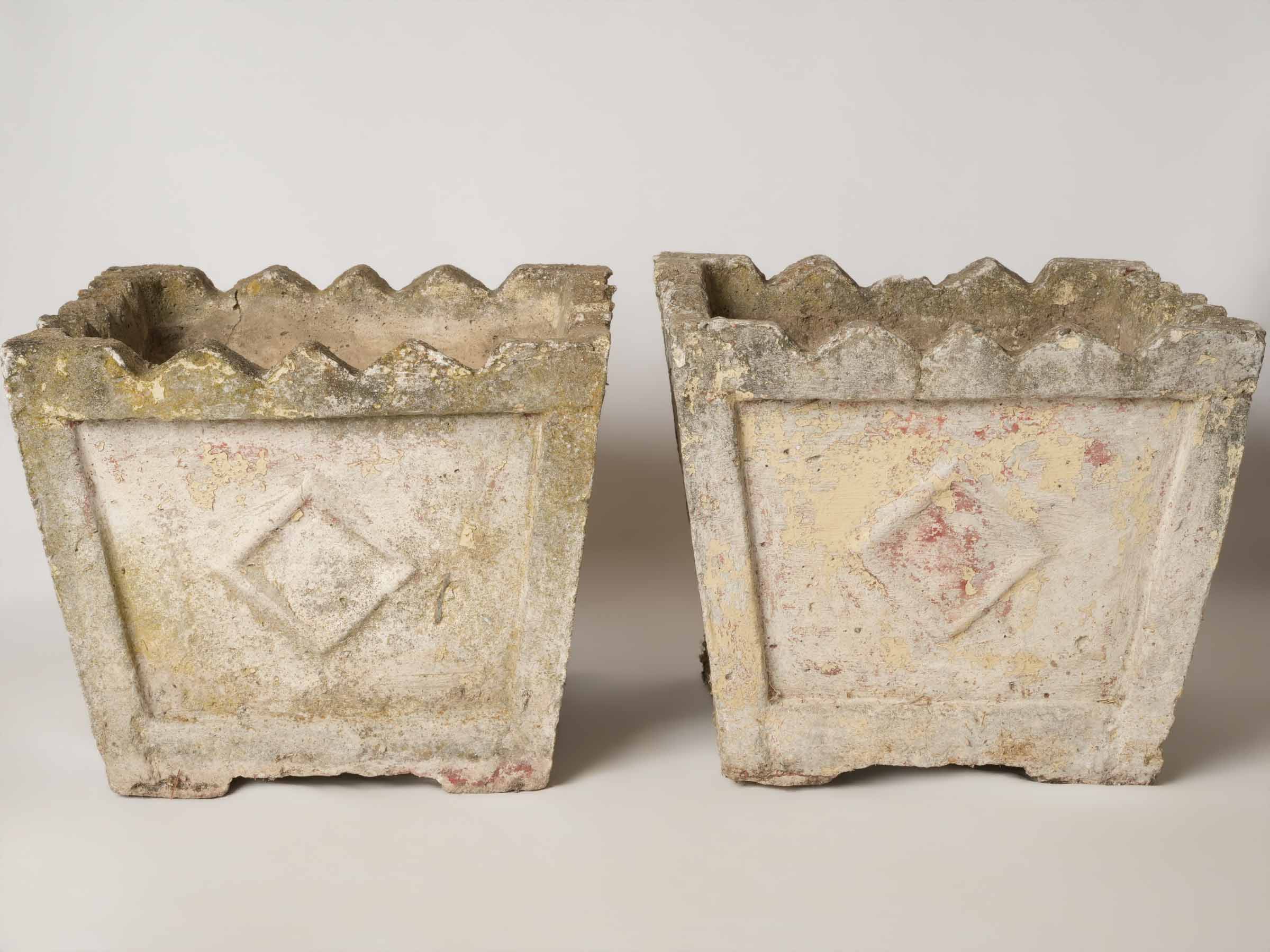 Set of 4 pretty vintage square planters w/ yellow patina 14½"