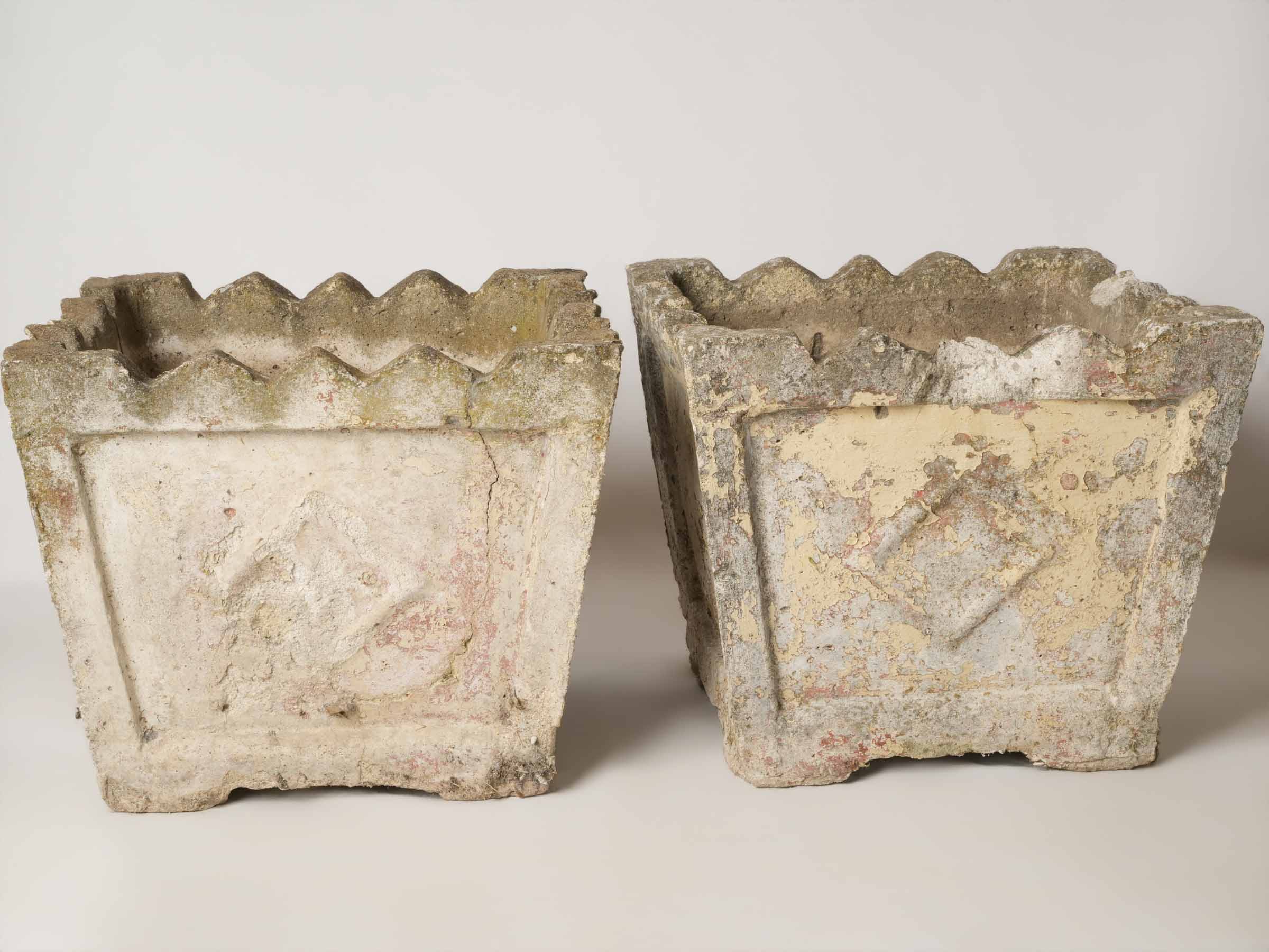 Set of 4 pretty vintage square planters w/ yellow patina 14½"