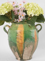 Antique confit pot w/ green & yellow glaze - 13¾"
