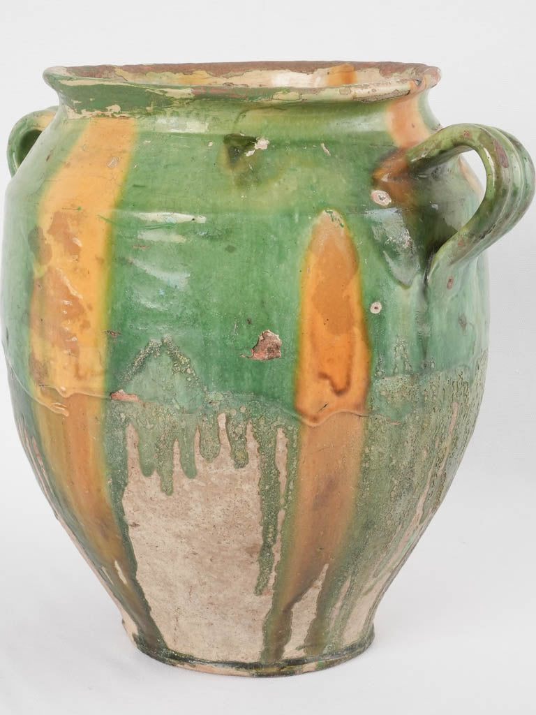 Antique confit pot w/ green & yellow glaze - 13¾"