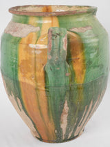 Antique confit pot w/ green & yellow glaze - 13¾"