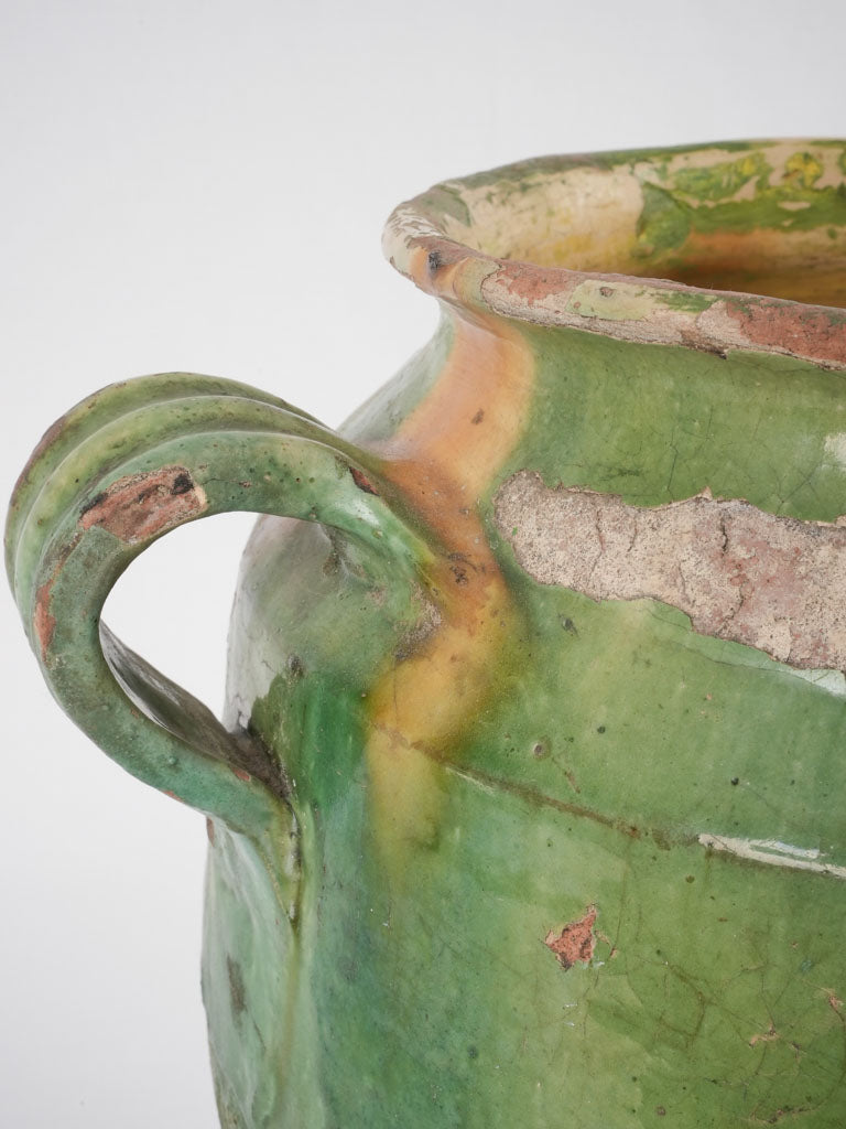 Antique confit pot w/ green & yellow glaze - 13¾"