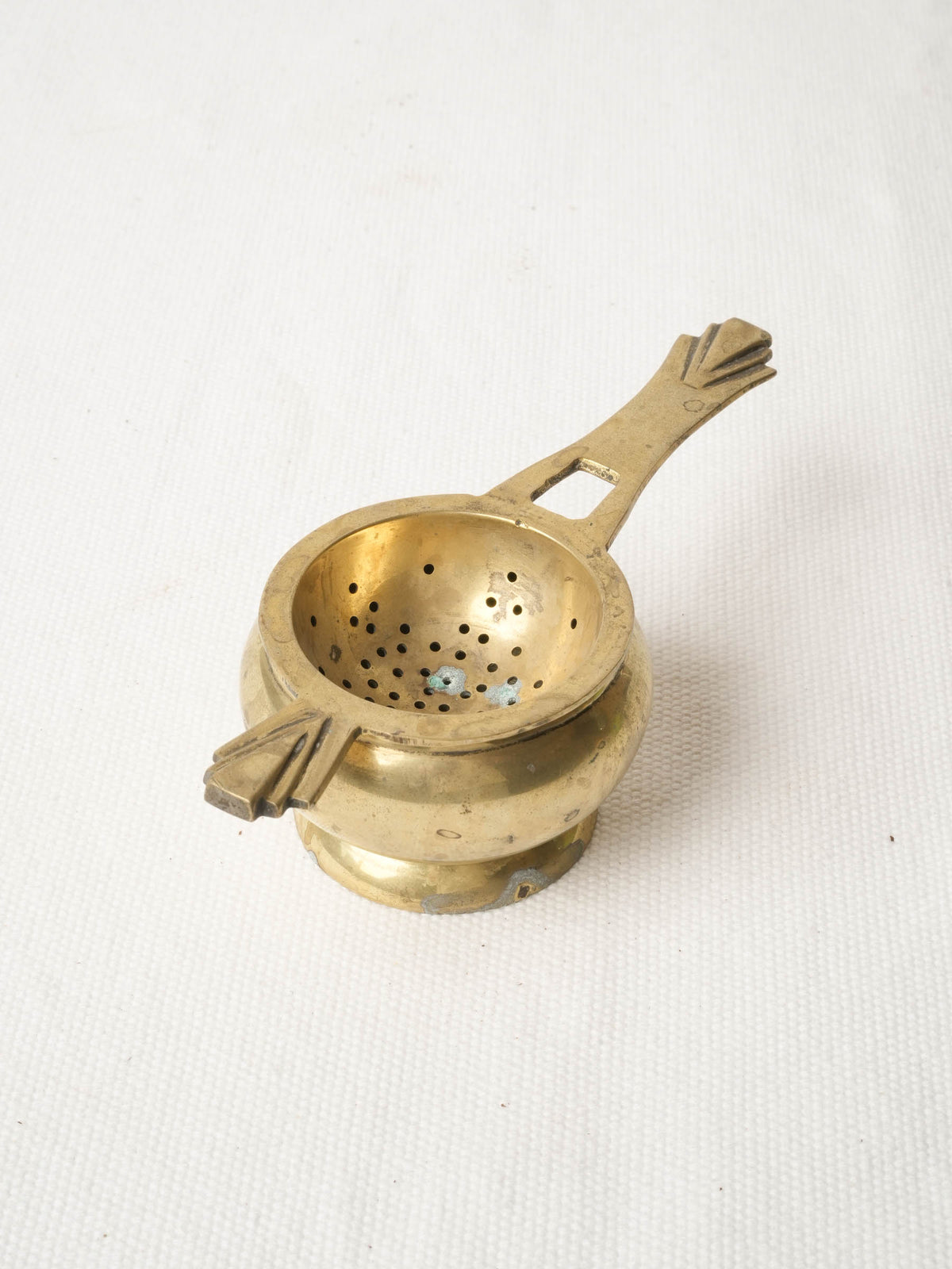 Art Deco Brass Tea Strainer w/ Geometric Handles