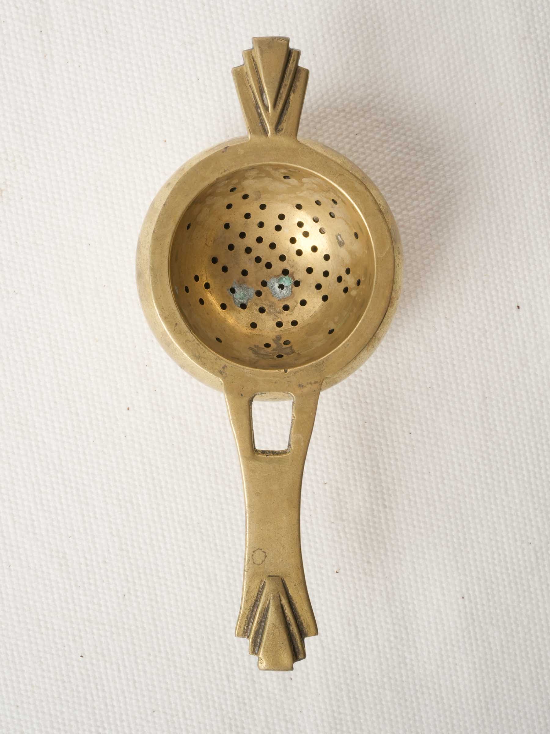 Art Deco Brass Tea Strainer w/ Geometric Handles