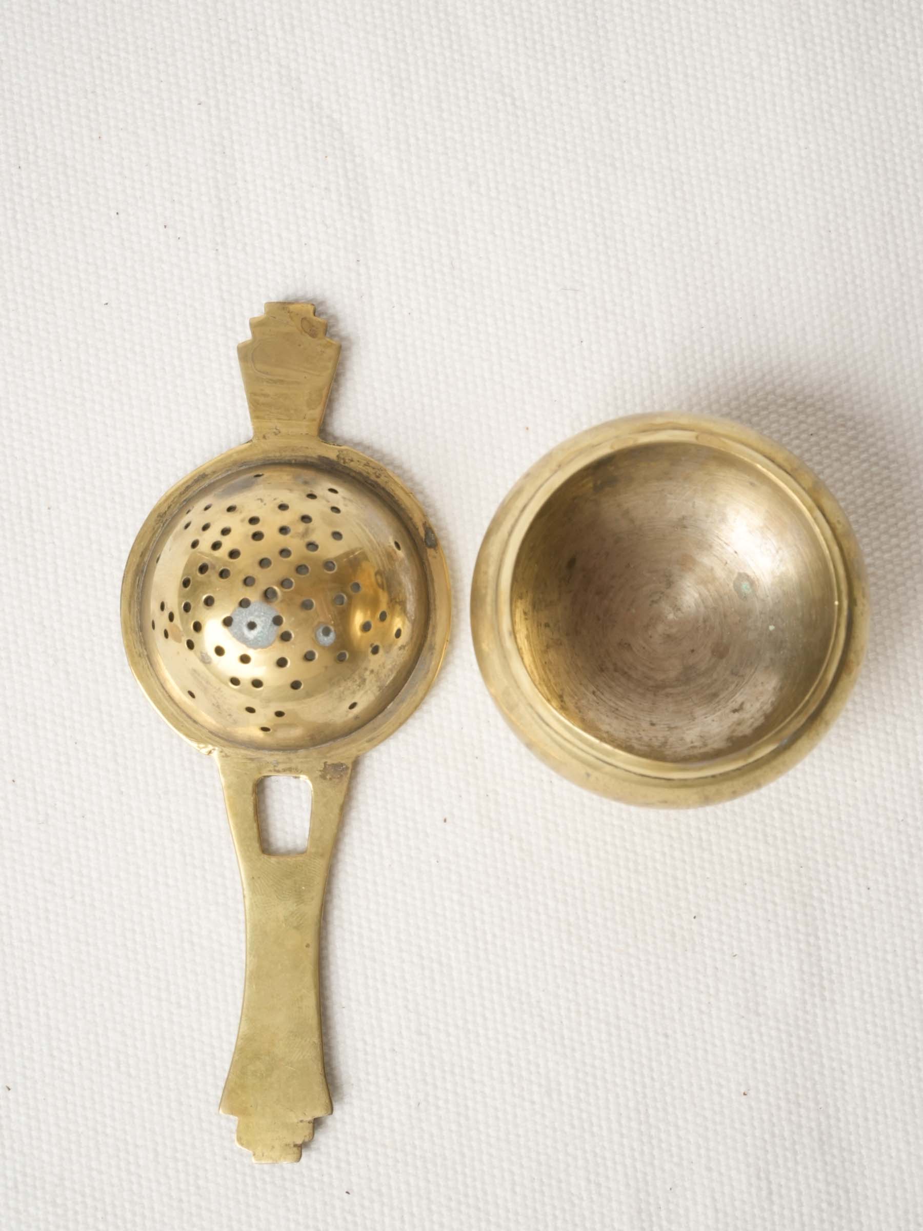 Art Deco Brass Tea Strainer w/ Geometric Handles