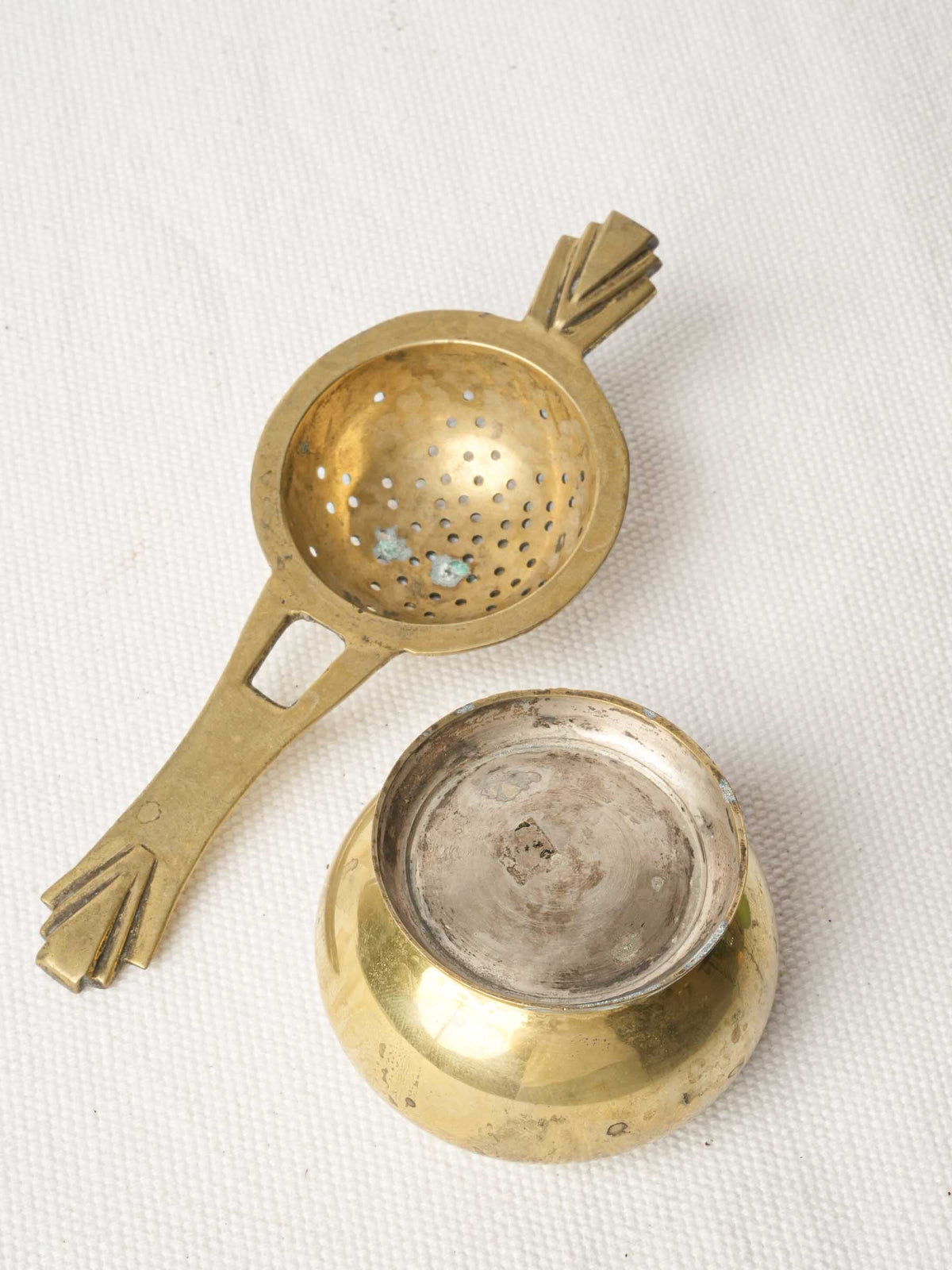 Art Deco Brass Tea Strainer w/ Geometric Handles