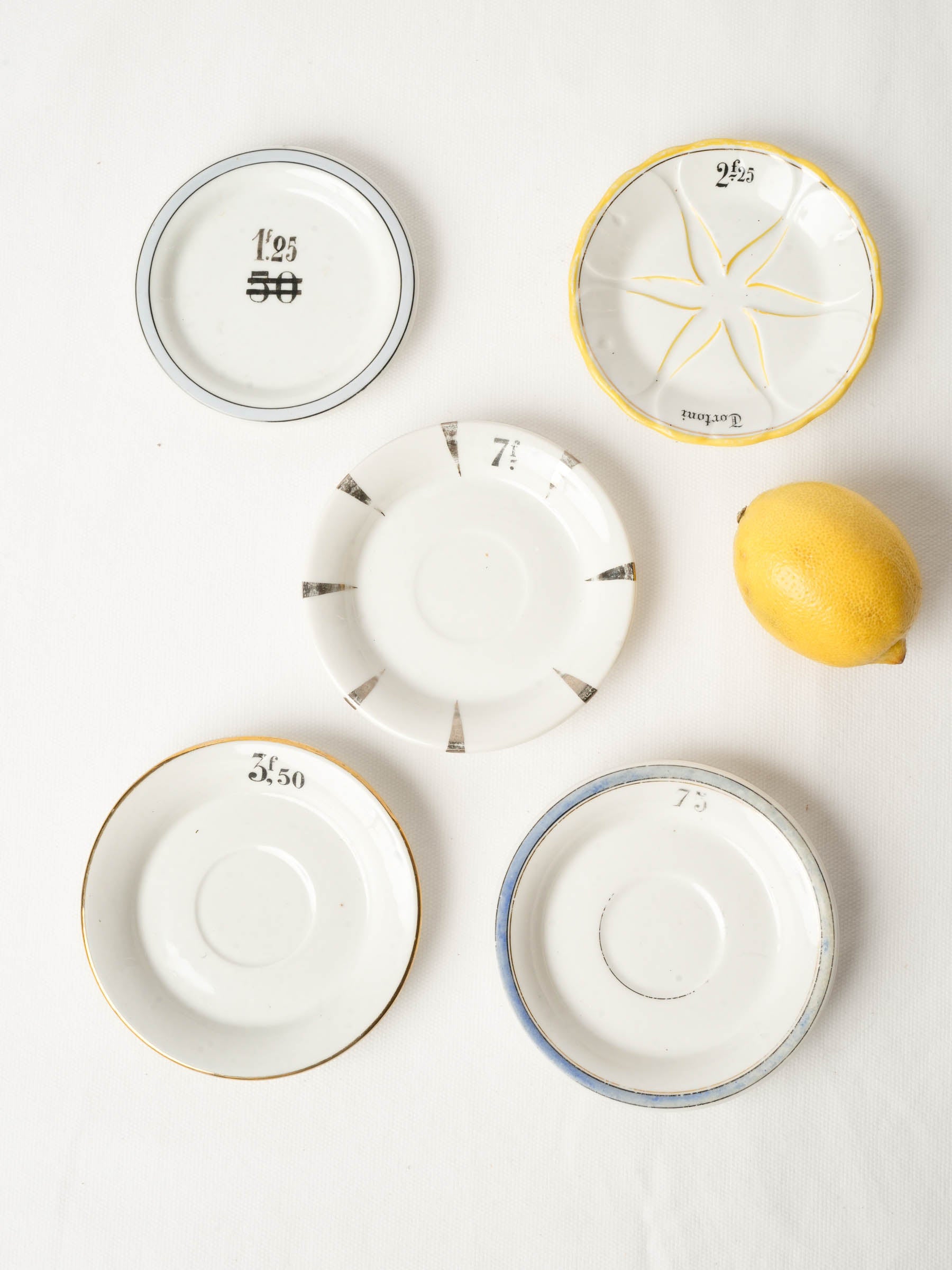 Set of Five French Porcelain Bistro Saucers from Paris