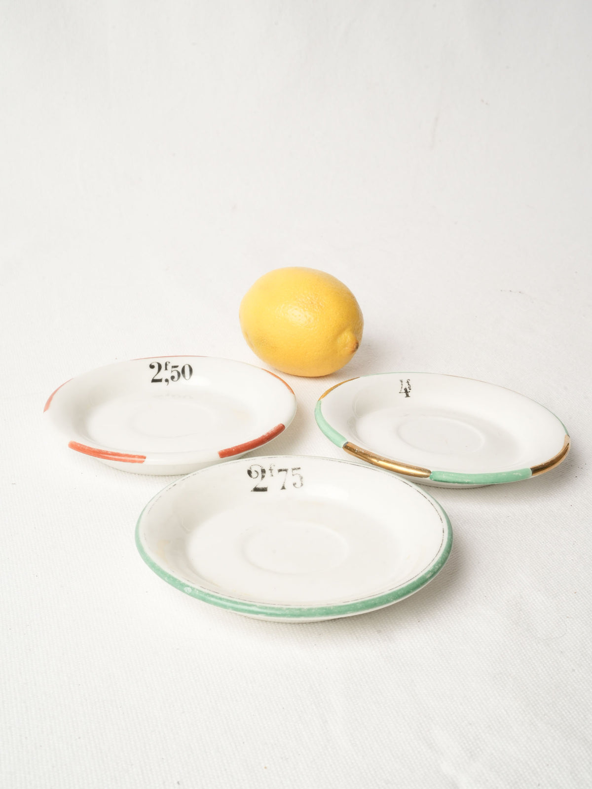 Set of Three French Bistro Porcelain Price Saucers